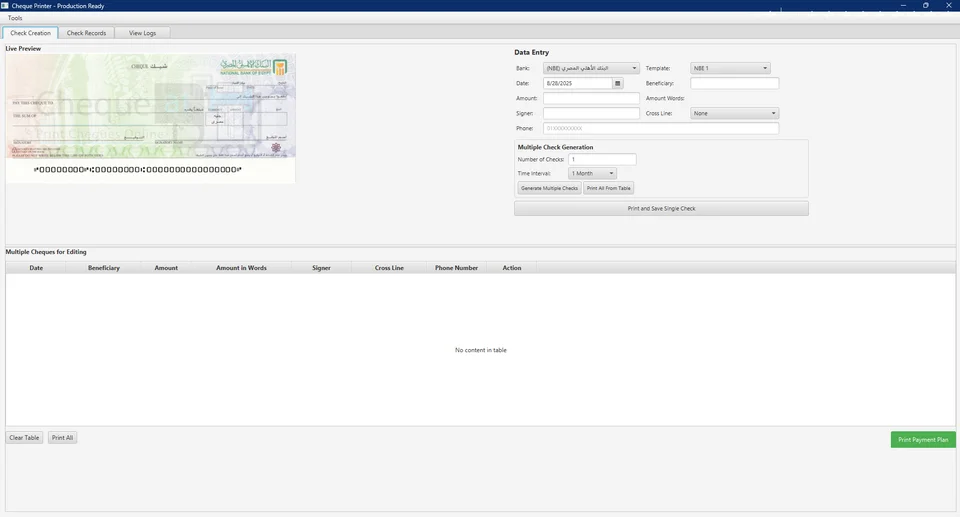 Cheque Printer interface
